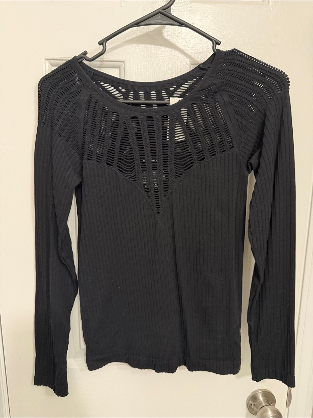 Express Black Open-Knit Ribbed Long Sleeve Top